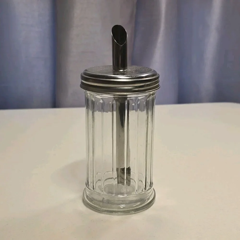 Glass Sugar Shaker Dispenser w/ Metal Lid & Spout, Clear/Silver Glossy